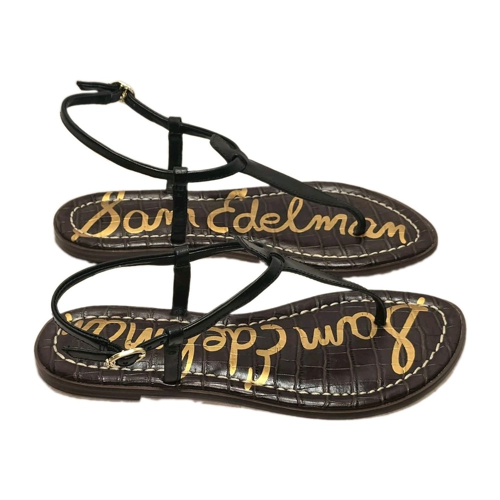 Sam Edelman Gigi Black Leather T-Strap Sandals Women's 7.5M Gold Hardware